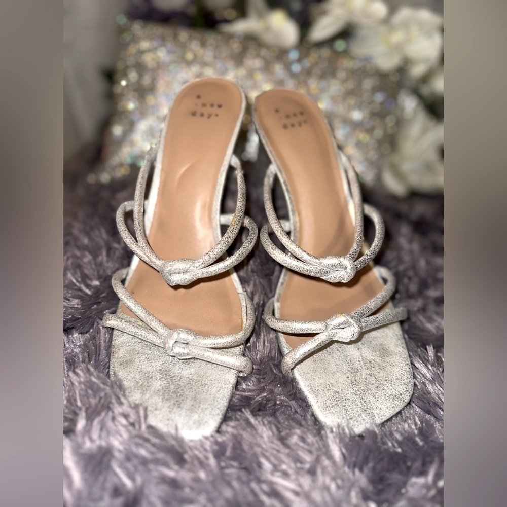 A New Day Silver Strappy Sandals. Size 8. Beautiful Stacked Heel Shoes